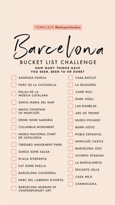 the bucket list for barcelona is shown in pink and black, with an orange border