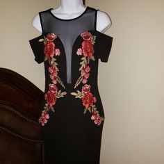 This Stylish Embroidery Dress Is A Size Medium, And Has Never Been Worn. This Dress Is Definitely Fashion Cute Dress For Valentine's Day. Fitted Red Embroidered Floral Print Dress, Fitted Red Embroidered Floral Dress, Fitted Red Embroidered Dress With Floral Print, Black Dresses With Floral Applique For Spring, Elegant Black Embroidered Floral Dress, Elegant Black Embroidered Dress With Floral Print, Elegant Black Floral Embroidered Dress, Black Embroidered Floral Dress For Spring, Spring Embroidered Dresses For Night Out