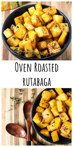 two pictures with different types of food in them and the words oven roasted rutabaga