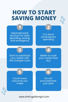 the steps to start saving money info sheet with text overlaying how to start saving money