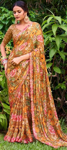 Multicolor color Saree in Chiffon fabric with Floral, Printed work Festive Saree, Reception Saree, Reception Lehenga, Engagement Reception, Floral Work, Waist Chain, Party Wear Sarees, Blouse Length, Chiffon Fabric