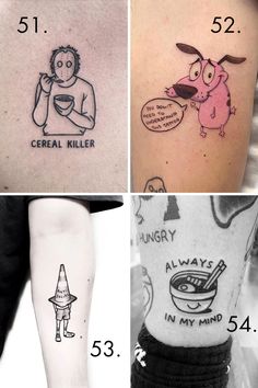 four different tattoos on the back of people's legs, one with a cartoon character and