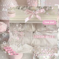 a collage of pink and white items with words written on them that read i love you, curie doll