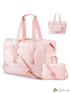 a pink handbag with matching purse and wallet