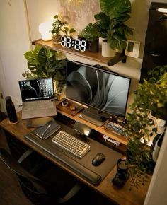 a desk with a computer, keyboard and monitor on it in front of some potted plants