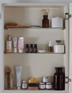 the shelves are filled with different types of skin care products and personal care items on them