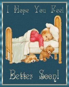 a cross stitch pattern with a baby and teddy bears sleeping in a crib that says, i hope you feel better soon