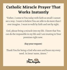 a prayer card with the words catholic miracle prayer that works instantly in white lettering