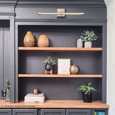 a gray bookcase with wooden shelves filled with books and potted plants on top