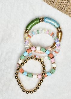 4 stacked of multi-color bracelets. Preppy Bracelets, Colorful Bracelets, New Arrival Dress, Bracelet Stack, Timeless Fashion, Multi Color, Jewelry Accessories, Beaded Bracelets, Color