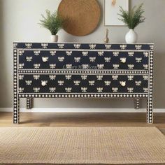 Hazel Bone Inlay 2 Drawer Sideboard Black Colorful Chest Of Drawers, Sofa Bar, Sideboard Black, Hand Carved Furniture, Bone Inlay Furniture, Console Tv, Frame Tray, Inlay Furniture, Cabinet Boxes