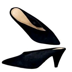 Black Slip-On Mules Feature A Chic Pointed Toe With A Sleek V-Notch Vamp. Will Add A Sophisticated Appeal To Any Outfit. 3” Cone Heel. Suede Upper, Manmade Lining, Manmade Sole. Never Worn. Black Pointed Toe Slip-on Heels, Black Slip-on Evening Heels, Casual Pointed Toe Court Shoes For Evening, Black Slip-on Heels For Evening, Casual Evening Court Shoes With Pointed Toe, Evening Slip-on Suede Heels, Embroidery Flats, Pink Mules, Block Heel Mule