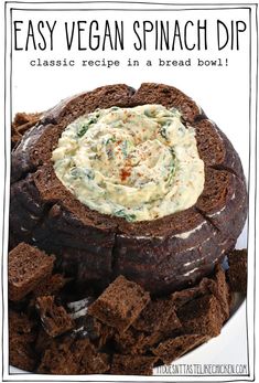 an easy vegan spinach dip recipe in a bread bowl