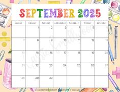 Cute September 2025 calendar free printable with back to school theme background