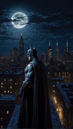 a batman standing on top of a building in front of a full moon and cityscape