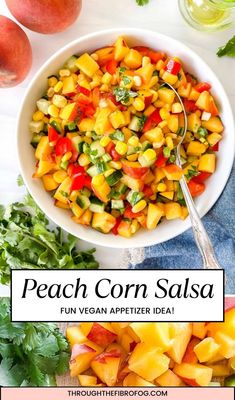 peach corn salsa in a white bowl with text overlay