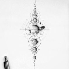 a pen drawing of the solar system with planets and stars on it, as well as a