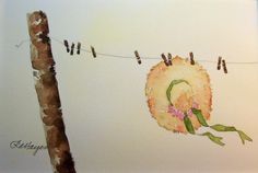 a drawing of a flower hanging from a clothes line with birds perched on the clothes pins