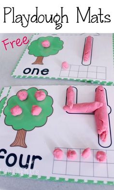 two playdough mats with pink doughnuts in the shape of trees on them