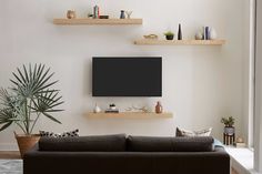 a flat screen tv mounted to the side of a wall in a living room next to a potted plant