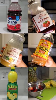 four pictures showing different types of fruit juices and condiments in various stages of development