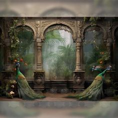 two peacocks are standing in front of an ornate arch with flowers and plants on it