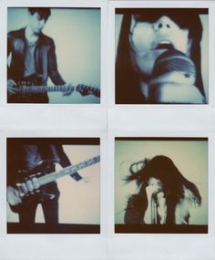 four polaroid photos of a woman playing guitar and singing with her hair blowing in the wind