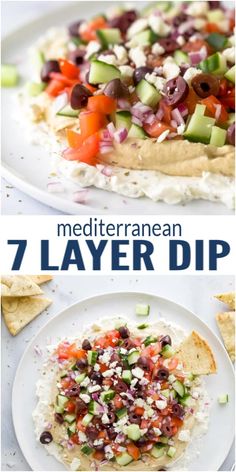 the ingredients for mediterranean 7 layer dip on a white plate