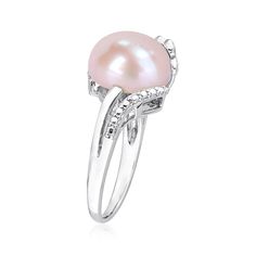 Ross-Simons - 12-12.5mm Pink Cultured Pearl Ring, Diamond Accents in Silver. Size 5. Kissed with pretty pastel luster, this lovely ring presents a 12-12.5mm pink cultured freshwater button pearl cradled in a floral-inspired setting of sterling silver. Finished with round diamond accents for a touch of sparkle. 1/2" wide. Pink pearl ring. Pearl birthstones are the perfect gift for June birthdays. Elegant Pink Pearl Round Ring, Pink Pearl Ring, Pearl Wedding Ring, Cultured Pearl Ring, Pearl Birthstone, Ring Pearl, Ring With Diamond, Lovely Ring, Ring Diamond