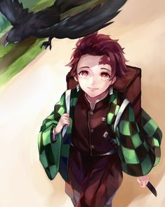 an anime character with a black bird on his shoulder and a green jacket over her shoulders