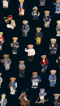 a bunch of teddy bears that are all different sizes and colors on a black background