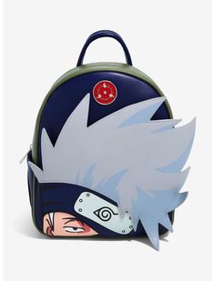 a backpack with an image of naruta on the front and back side, in blue