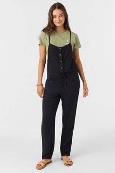 Laid-back woven jumper that features a front button design, over the shoulder straps and a straight leg fit. O'Neill Women's woven jumper 29" Inseam Straight leg fit Front button closure Shoulder straps Waistband and drawcord 100% Viscose twill Casual Relaxed Fit Overalls, Casual Cotton Jumpsuits And Rompers For Daywear, Casual Cotton Bottoms With Adjustable Straps, Casual Bib Front Bottoms For Workwear, Casual Solid Jumpsuits And Rompers With Adjustable Straps, Casual Jumpsuits And Rompers With Adjustable Straps, Casual Black Jumpsuits And Rompers With Adjustable Straps, Casual Jumpsuits And Rompers With Suspenders, Casual Solid Overalls