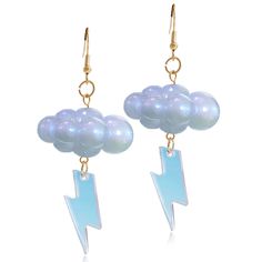 two earrings with clouds and lightning on them