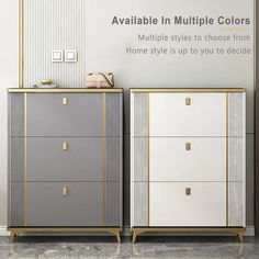 two gray and gold dressers in front of a white wall with the words available in multiple colors