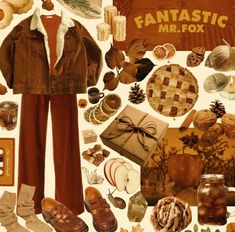 a collage of items from the movie fantastic mr fox, including shoes, sweaters and socks