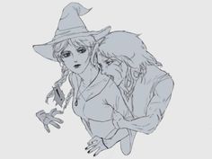 a drawing of two people dressed as witches