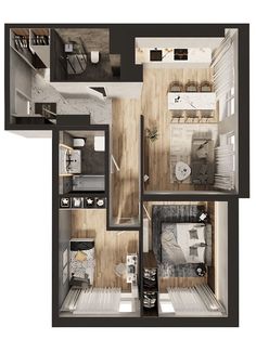 an overhead view of a two bedroom apartment