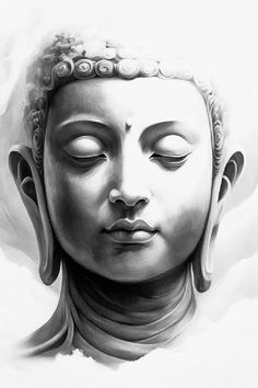 a black and white drawing of a buddha head with eyes closed in front of clouds