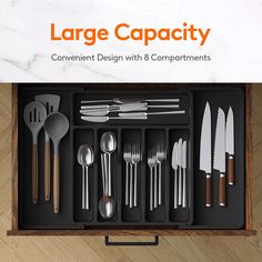 an open drawer with utensils and spoons in it that says large capacity