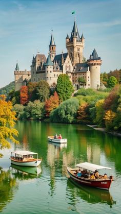 two boats floating on top of a lake next to a castle