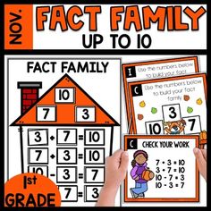 two posters with numbers on them and the words fact family up to 10