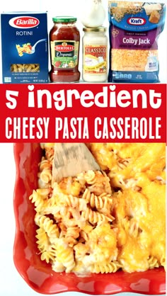 the ingredients for this cheesy pasta casserole are shown