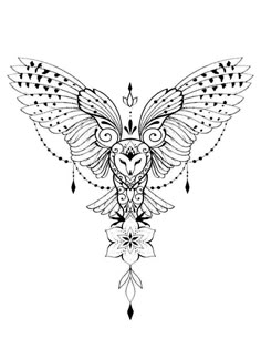 a black and white drawing of an owl with wings