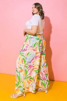 Printed wide leg pants Front and back pleated detail, self sash tie, side pockets, and side zipper closure Approx. Length: 45" Printed Wide Leg Pants, Pants Large, Shopping App, Palazzo Pants, Leg Pants, Side Zipper, Pink And Green, Wide Leg Pants, Fitness Models