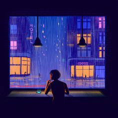 a woman standing in front of a window with rain falling down on her head and buildings lit up at night