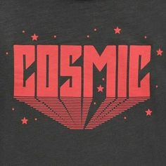 the back of a black t - shirt with red and white lettering that reads cosmic