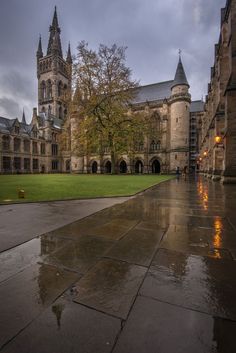 a large building with a clock tower on it's side and grass in the foreground