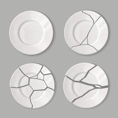 four white plates with cracks in them on a gray background, each plate has a different design