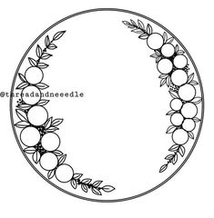 a circular frame with apples and leaves on it, in black and white coloring book page